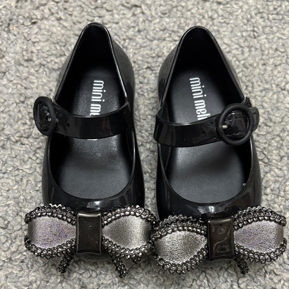 Mini Melissa Other - Mini Melissa Black Mary Jane Shoes with Metallic Silver Bow Accent